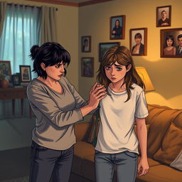 A tense yet impactful scene in a cozy home environment, illustrating a mother in a casual outfit, looking disappointed, while gently spanking her teenage daughter who is wearing casual attire and has a mix of surprise and remorse on her face