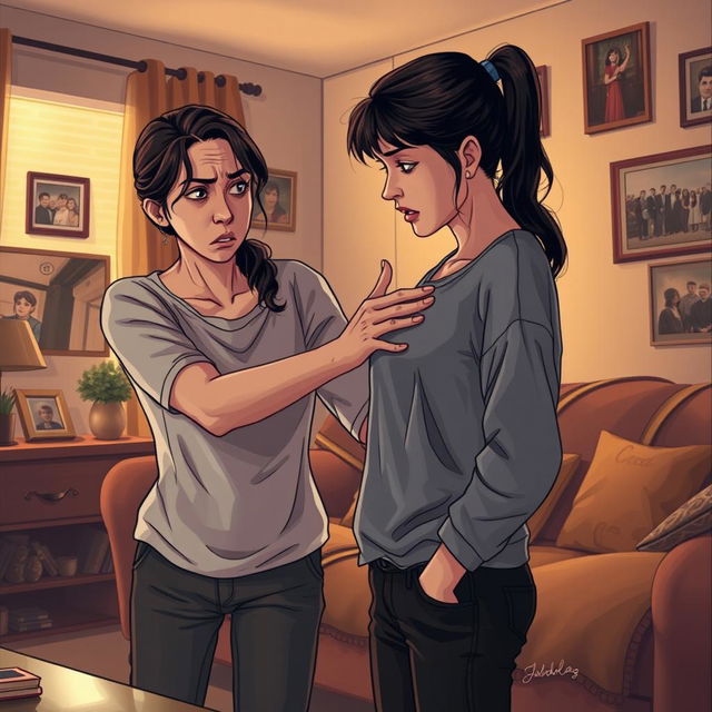 A tense yet impactful scene in a cozy home environment, illustrating a mother in a casual outfit, looking disappointed, while gently spanking her teenage daughter who is wearing casual attire and has a mix of surprise and remorse on her face