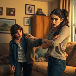 A tense yet impactful scene in a cozy home environment, illustrating a mother in a casual outfit, looking disappointed, while gently spanking her teenage daughter who is wearing casual attire and has a mix of surprise and remorse on her face