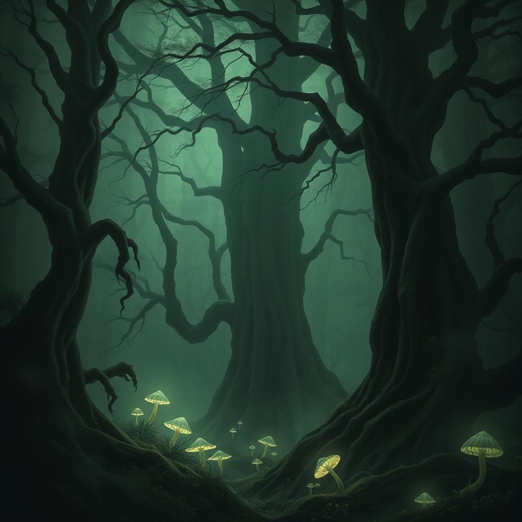 A mysterious Lovecraftian forest, shrouded in mist and darkness, featuring towering ancient trees with gnarled branches and eerie, twisted roots
