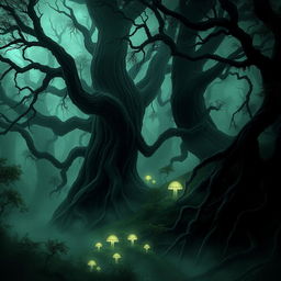 A mysterious Lovecraftian forest, shrouded in mist and darkness, featuring towering ancient trees with gnarled branches and eerie, twisted roots