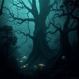 A mysterious Lovecraftian forest, shrouded in mist and darkness, featuring towering ancient trees with gnarled branches and eerie, twisted roots