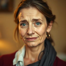 A charming portrait of a married woman with a friendly demeanor, exhibiting a cunning and slightly deceitful expression