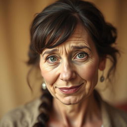 A charming portrait of a married woman with a friendly demeanor, exhibiting a cunning and slightly deceitful expression