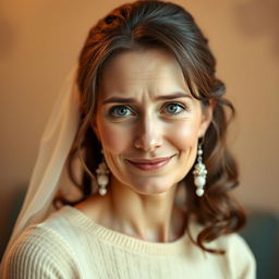 A charming portrait of a married woman with a friendly demeanor, exhibiting a cunning and slightly deceitful expression