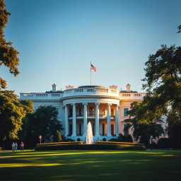 A stunning architectural view of the White House, showcasing its iconic neoclassical design with white columns and a beautifully manicured lawn in the foreground