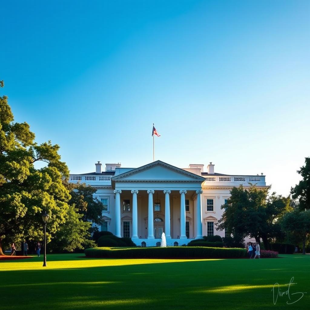 A stunning architectural view of the White House, showcasing its iconic neoclassical design with white columns and a beautifully manicured lawn in the foreground