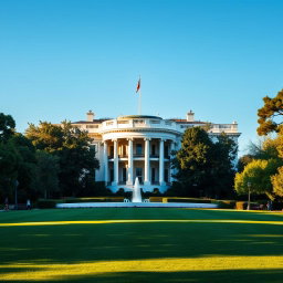 A stunning architectural view of the White House, showcasing its iconic neoclassical design with white columns and a beautifully manicured lawn in the foreground