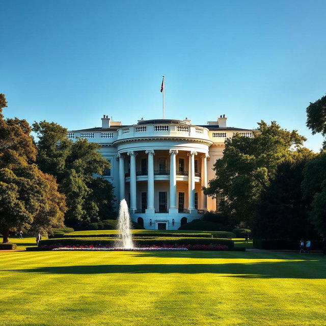 A stunning architectural view of the White House, showcasing its iconic neoclassical design with white columns and a beautifully manicured lawn in the foreground