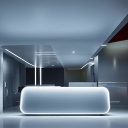 A futuristic reception area with clean lines, glossy surfaces, innovative technology, and ambient lighting.