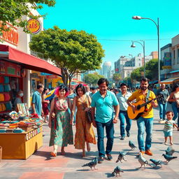 A vibrant street scene featuring a diverse group of people engaged in various activities