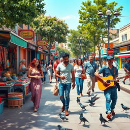 A vibrant street scene featuring a diverse group of people engaged in various activities