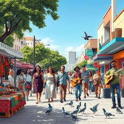 A vibrant street scene featuring a diverse group of people engaged in various activities