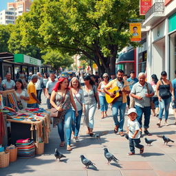 A vibrant street scene featuring a diverse group of people engaged in various activities