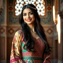 A beautiful Persian woman, Monir, wearing an intricately designed traditional Persian dress with vibrant colors and ornate patterns