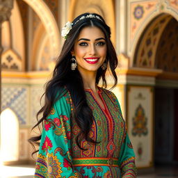 A beautiful Persian woman, Monir, wearing an intricately designed traditional Persian dress with vibrant colors and ornate patterns