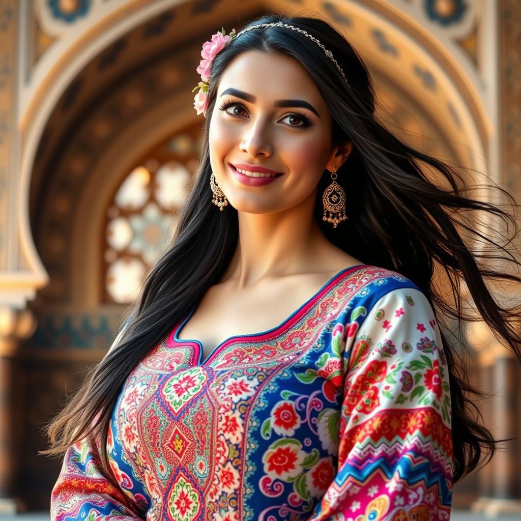 A beautiful Persian woman, Monir, wearing an intricately designed traditional Persian dress with vibrant colors and ornate patterns