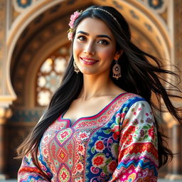 A beautiful Persian woman, Monir, wearing an intricately designed traditional Persian dress with vibrant colors and ornate patterns