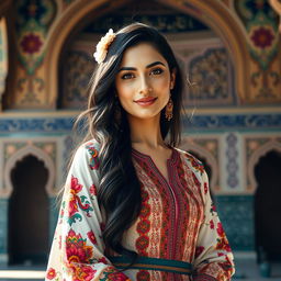 A beautiful Persian woman, Monir, wearing an intricately designed traditional Persian dress with vibrant colors and ornate patterns