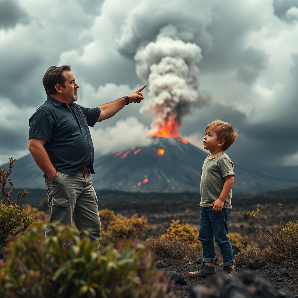 A scene showing a father and son standing together in a dramatic landscape, with a volcano in the background showing signs of eruption, like smoke and lava bubbling