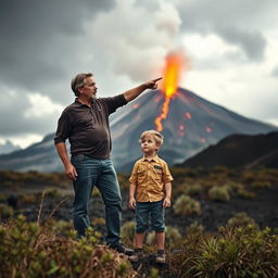 A scene showing a father and son standing together in a dramatic landscape, with a volcano in the background showing signs of eruption, like smoke and lava bubbling