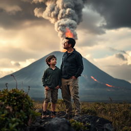 A scene showing a father and son standing together in a dramatic landscape, with a volcano in the background showing signs of eruption, like smoke and lava bubbling