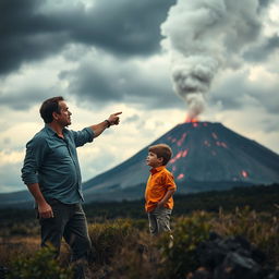 A scene showing a father and son standing together in a dramatic landscape, with a volcano in the background showing signs of eruption, like smoke and lava bubbling