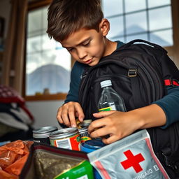 A close-up scene of a young boy methodically packing a sturdy backpack in preparation for an emergency