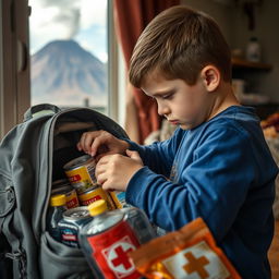 A close-up scene of a young boy methodically packing a sturdy backpack in preparation for an emergency