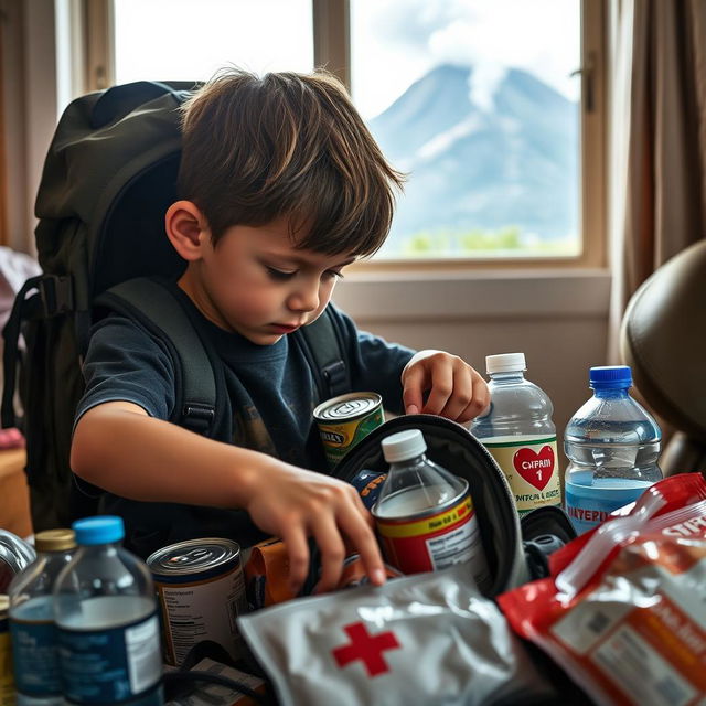 A close-up scene of a young boy methodically packing a sturdy backpack in preparation for an emergency