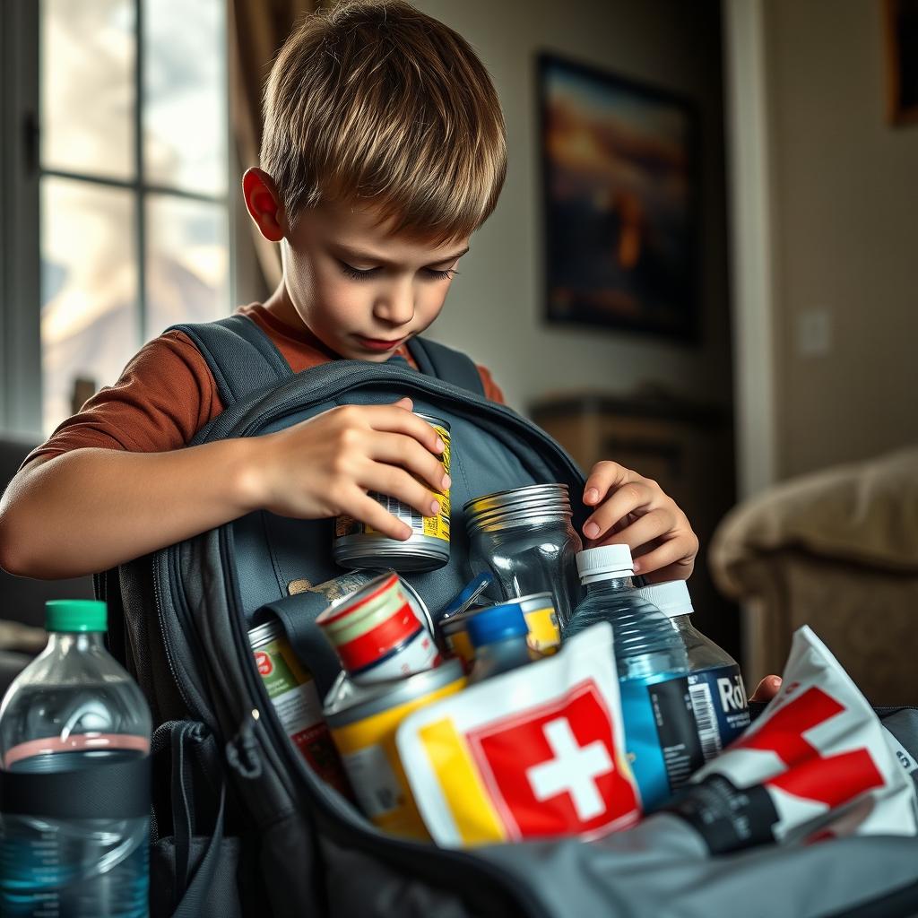 A close-up scene of a young boy methodically packing a sturdy backpack in preparation for an emergency