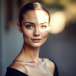 A portrait of a slender woman with a unique and elegant appearance
