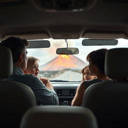 A dramatic scene of a family in an SUV driving away from a volcano that is erupting in the background