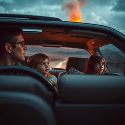 A dramatic scene of a family in an SUV driving away from a volcano that is erupting in the background