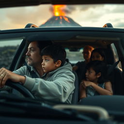 A dramatic scene of a family in an SUV driving away from a volcano that is erupting in the background