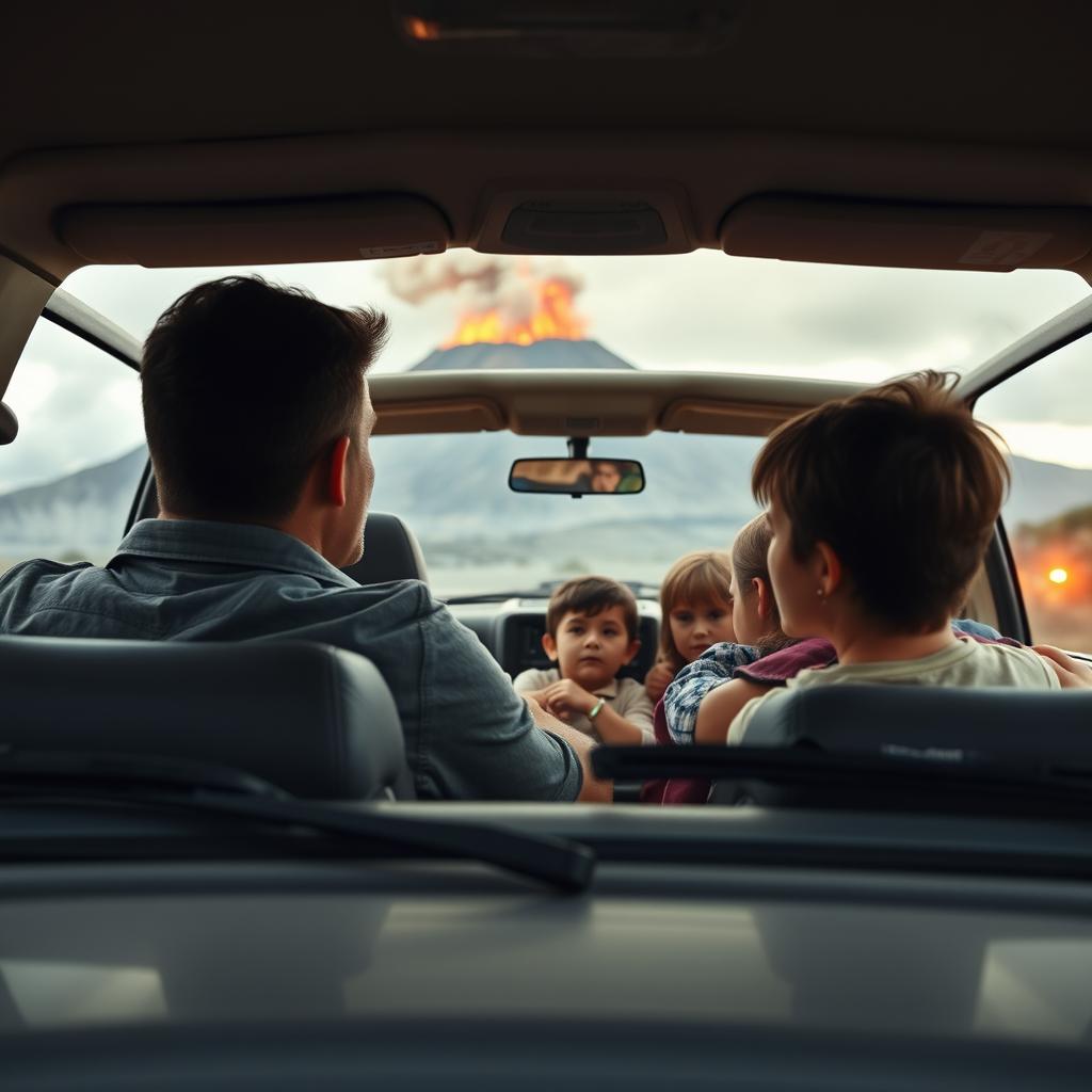A dramatic scene of a family in an SUV driving away from a volcano that is erupting in the background