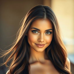 A portrait of a beautiful young woman with captivating features, long flowing hair, and bright eyes, exuding confidence and allure