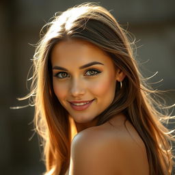 A portrait of a beautiful young woman with captivating features, long flowing hair, and bright eyes, exuding confidence and allure