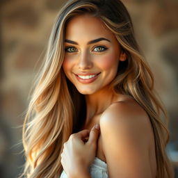 A portrait of a beautiful young woman with captivating features, long flowing hair, and bright eyes, exuding confidence and allure
