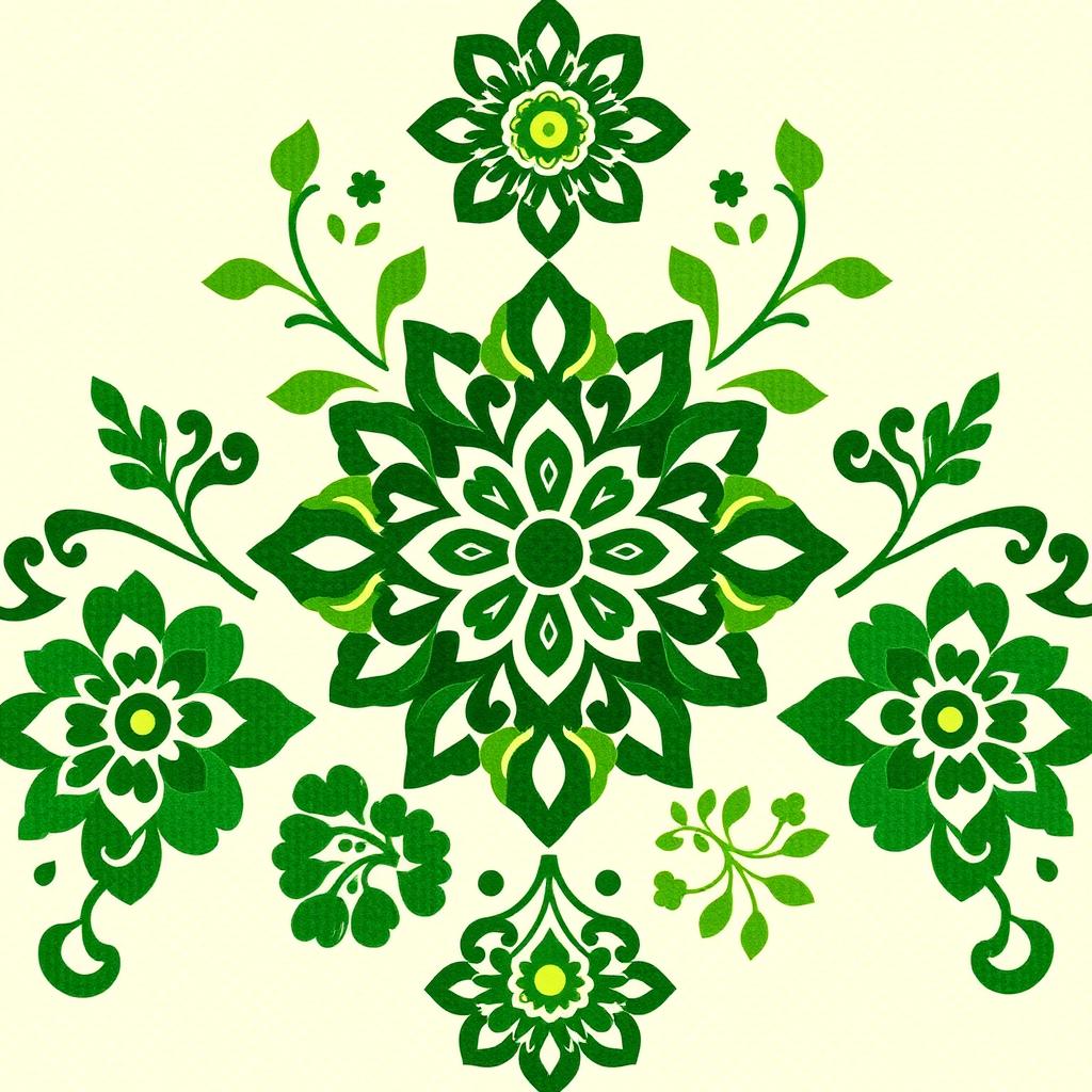 A beautiful batik motif design featuring intricate patterns and shapes, predominantly using shades of green