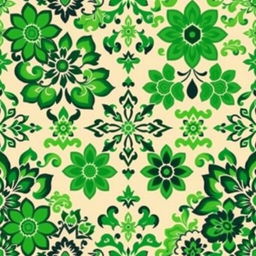 A stunning batik motif design showcasing a rich array of intricate patterns and shapes, primarily in vibrant shades of green