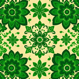 A stunning batik motif design showcasing a rich array of intricate patterns and shapes, primarily in vibrant shades of green