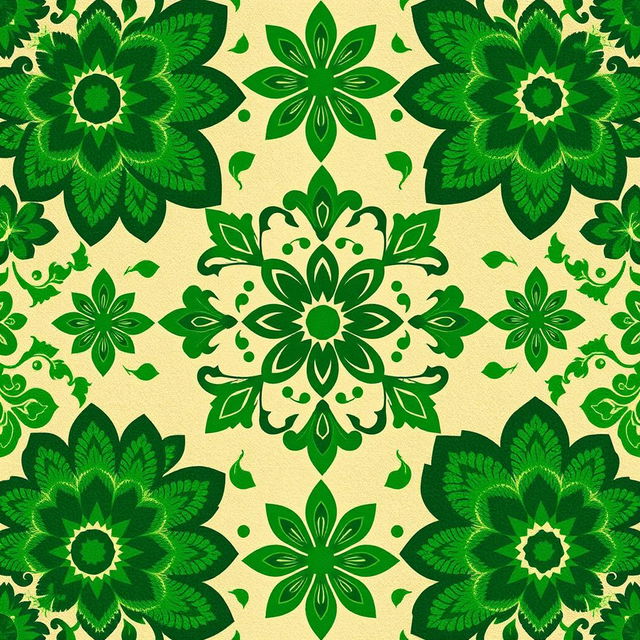 A stunning batik motif design showcasing a rich array of intricate patterns and shapes, primarily in vibrant shades of green