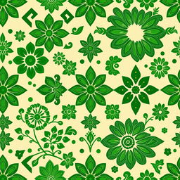 A stunning batik motif design showcasing a rich array of intricate patterns and shapes, primarily in vibrant shades of green