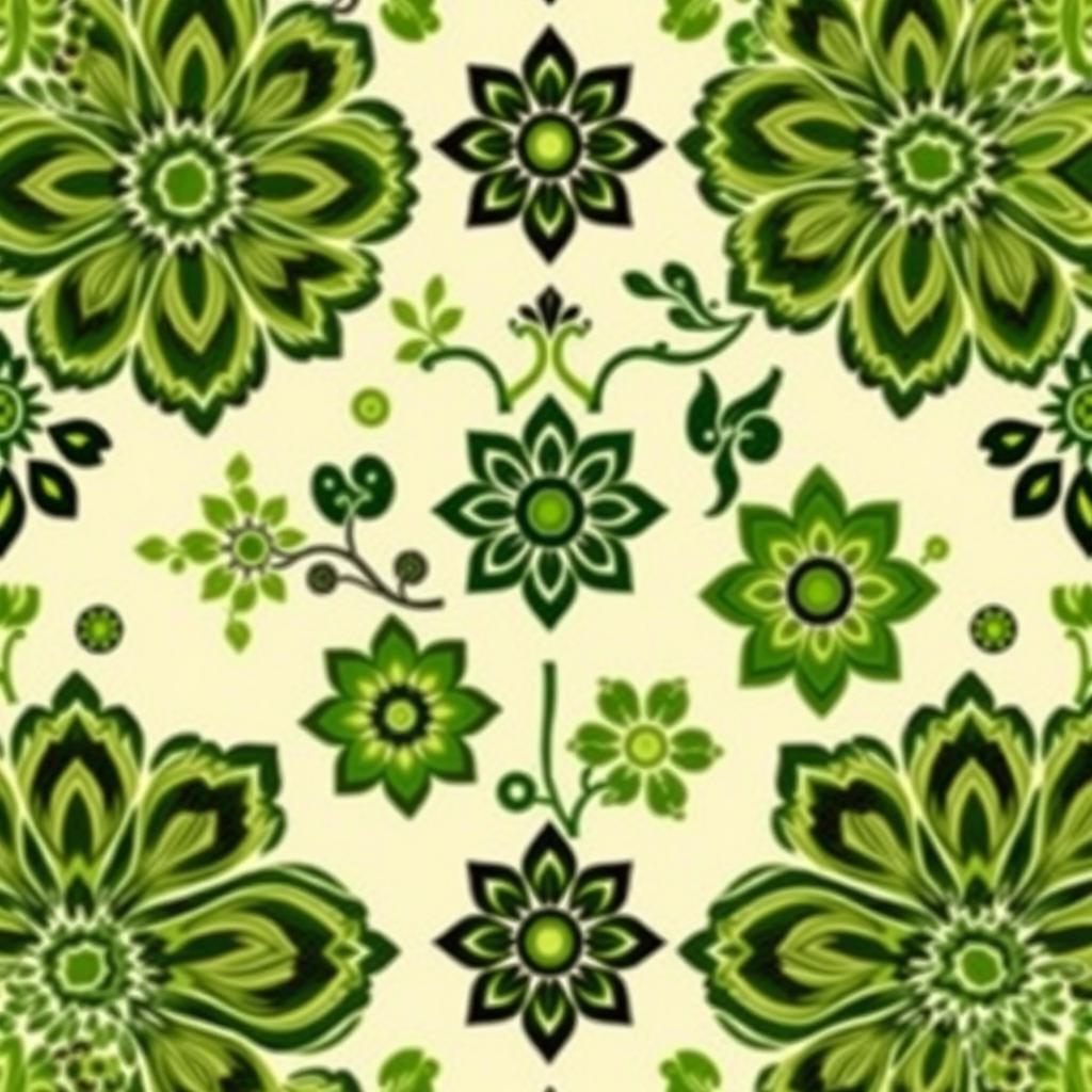 An exquisite batik motif design featuring a myriad of intricate patterns and textures, primarily showcasing various shades of green