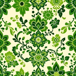 An exquisite batik motif design featuring a myriad of intricate patterns and textures, primarily showcasing various shades of green