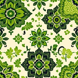 An exquisite batik motif design featuring a myriad of intricate patterns and textures, primarily showcasing various shades of green