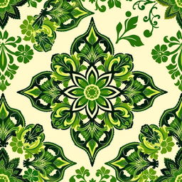 An exquisite batik motif design featuring a myriad of intricate patterns and textures, primarily showcasing various shades of green