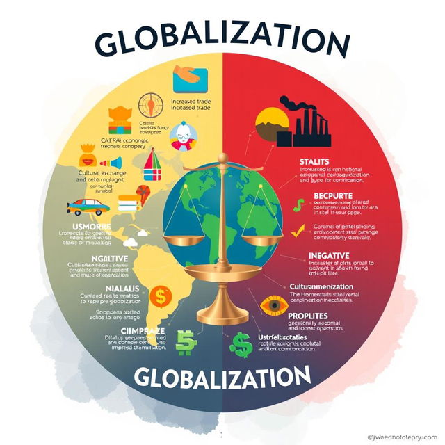 A visually engaging poster illustrating the positive and negative effects of globalization
