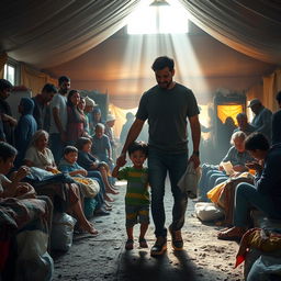 A heartwarming scene depicting a father and son entering a temporary community shelter filled with people gathered due to the volcanic eruption